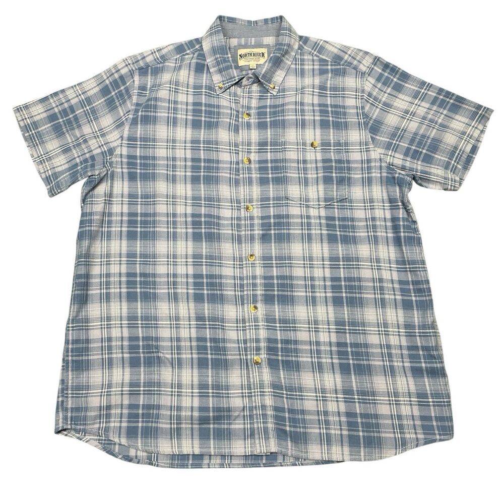North River Outfitters Short Sleeve Button Shirt Blue Plaid Men’s Size XL